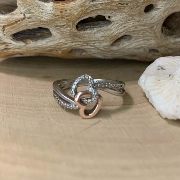 925 STERLING SILVER 10K 10 ACCENT STONES  DOUBLE HEART RING SIGNED rj SIZE 7 - Picture 1 of 7